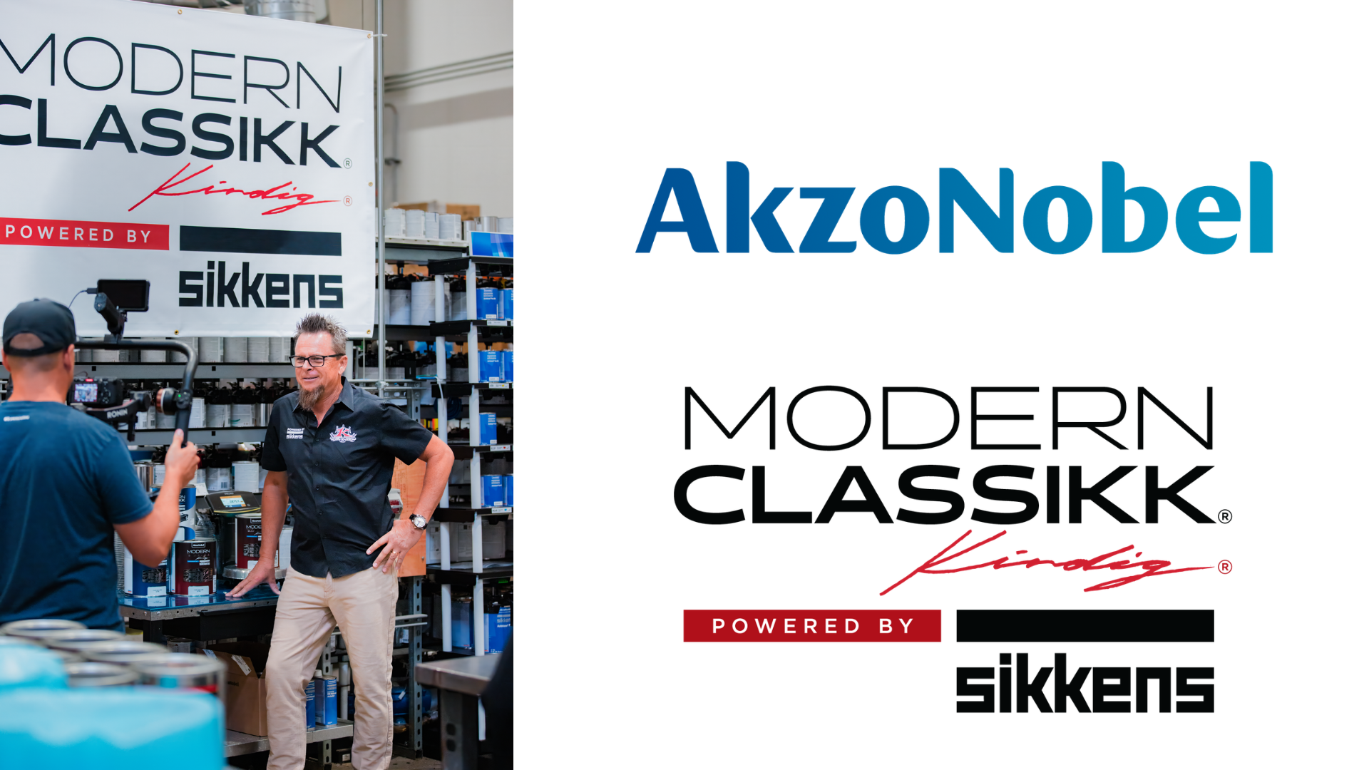 AkzoNobel Modern Classikk branding with industrial facility photo and logo marks powered by Sikkens