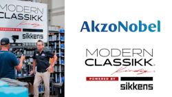 AkzoNobel Modern Classikk branding with industrial facility photo and logo marks powered by Sikkens