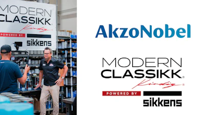 AkzoNobel Modern Classikk branding with industrial facility photo and logo marks powered by Sikkens