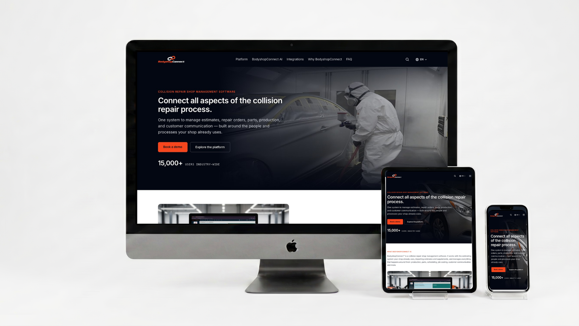Responsive website design mockup for collision repair service displayed on desktop, tablet, and mobile devices