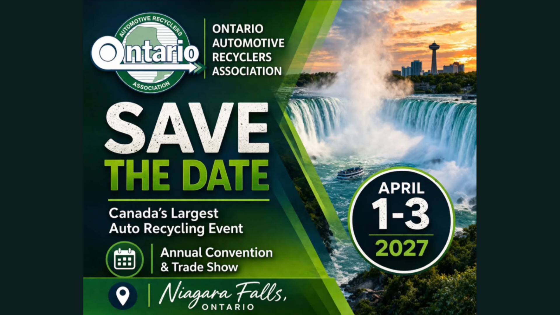 Ontario Automotive Recyclers Association Save the Date poster for Annual Convention and Trade Show, April 1-3, 2027 in Niagara Falls