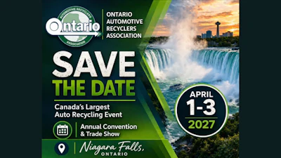 Ontario Automotive Recyclers Association Save the Date poster for Annual Convention and Trade Show, April 1-3, 2027 in Niagara Falls