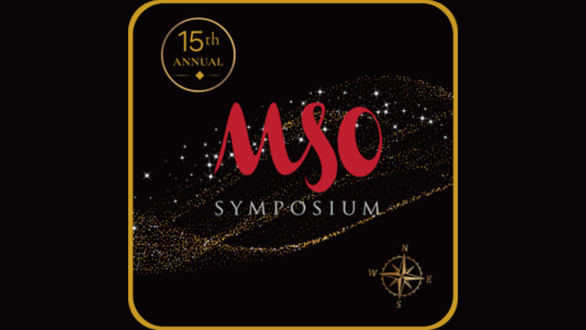 15th Annual MUSO Symposium event poster featuring red text on black background with gold decorative elements and compass rose