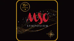 15th Annual MUSO Symposium event poster featuring red text on black background with gold decorative elements and compass rose