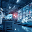 Engineer examining holographic car design in high-tech laboratory with digital displays and data visualizations