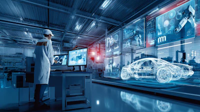 Engineer examining holographic car design in high-tech laboratory with digital displays and data visualizations