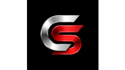 Red and silver metallic 'S' logo with 3D depth effect on black background