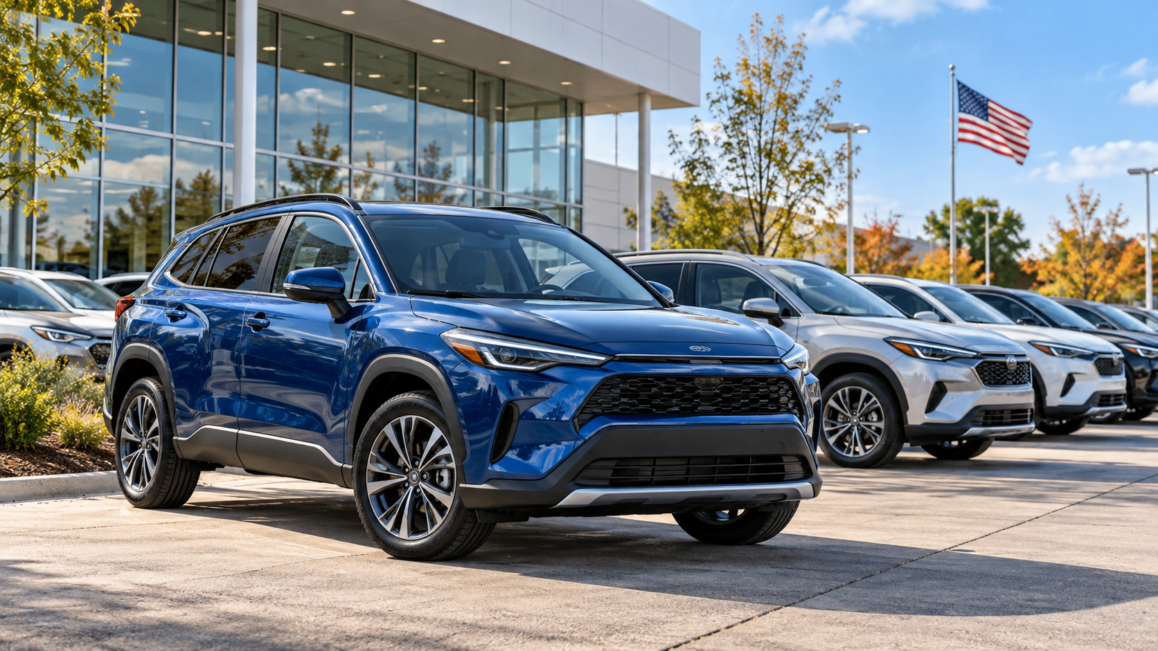 Blue Toyota SUV displayed at dealership lot with additional vehicles and modern showroom building in background
