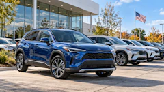 Blue Toyota SUV displayed at dealership lot with additional vehicles and modern showroom building in background