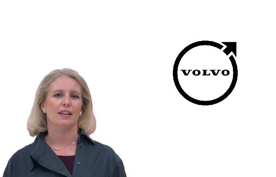 Professional woman in dark blazer with Volvo logo featuring circular design and upward arrow