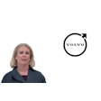 Professional woman in dark blazer with Volvo logo featuring circular design and upward arrow