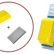 Yellow cleaning sponge and gray microfiber cloth with retail packaging showing product contents