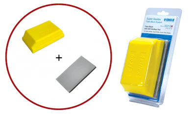 Yellow cleaning sponge and gray microfiber cloth with retail packaging showing product contents
